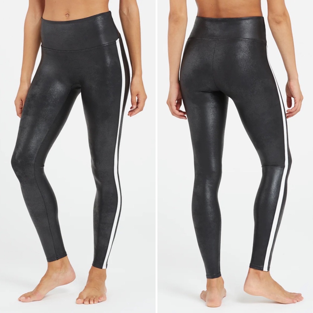 Spanx Black Faux Leather White Side Stripe Leggings Size small